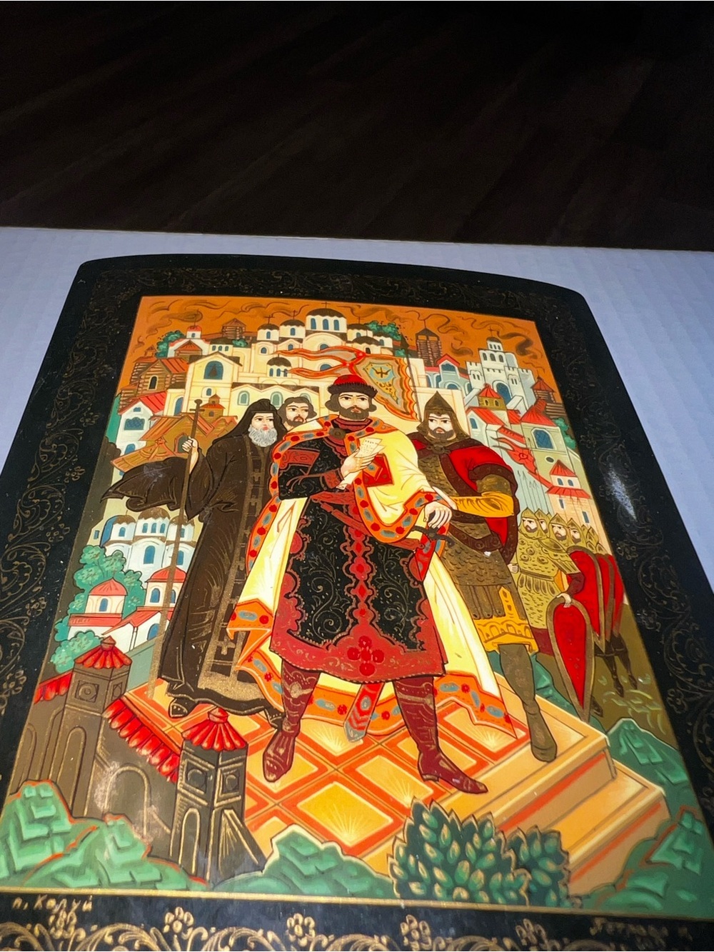 Hand-Painted Russian Lacquer Art Panel in Black and Multicolor - Picture 5 of 5